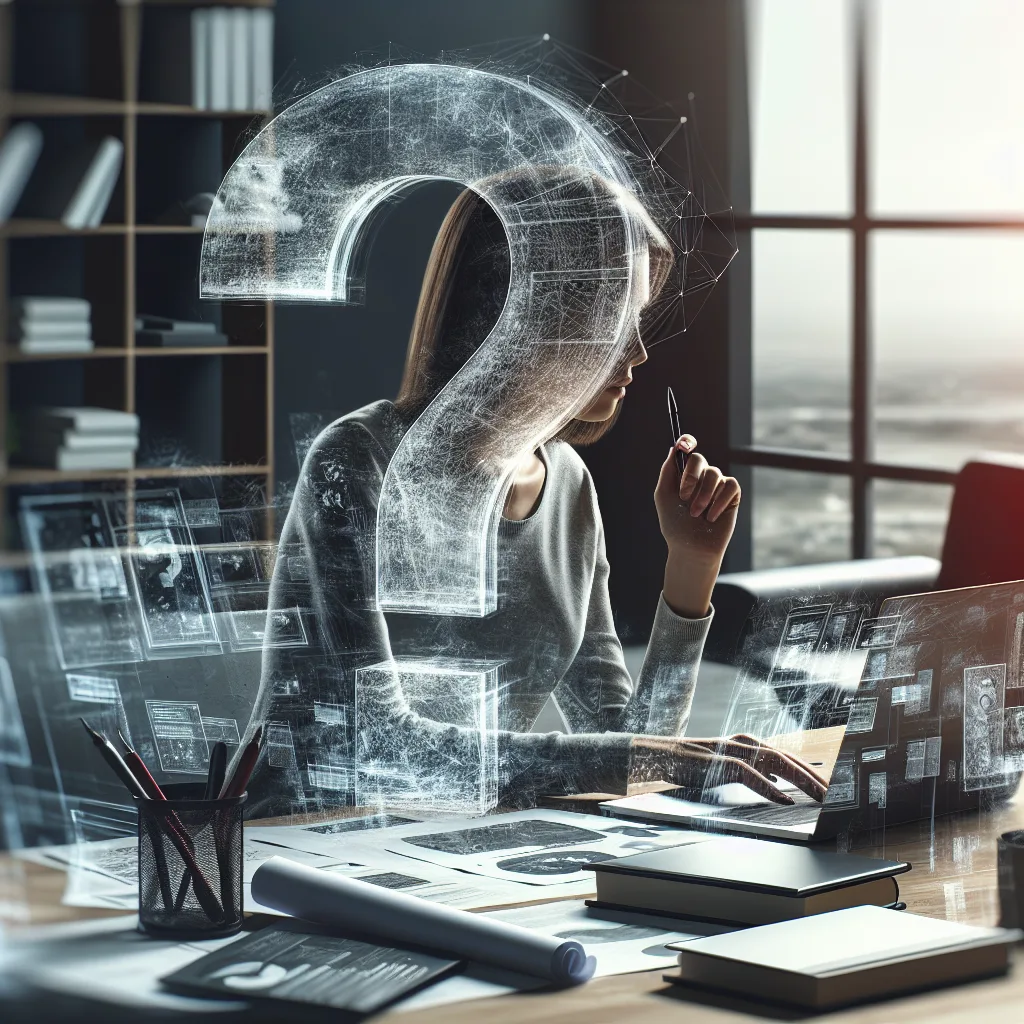 Frau mit digitalem Fragezeichen-Symbol am Schreibtisch mit Laptop und Arbeitsunterlagen