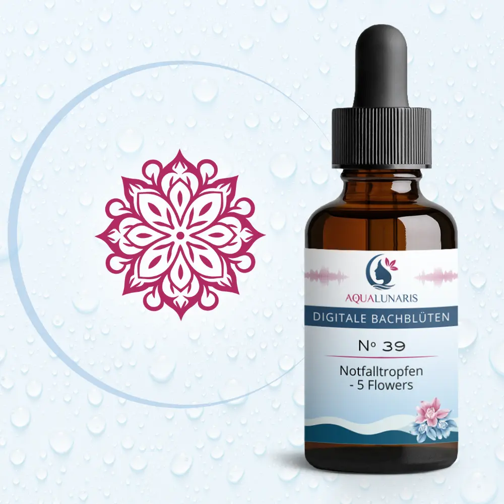 Produktflasche Digitale Bachblüten N° 39 Notfalltropfen 5 Flowers mit Pipette, Mandala-Symbol und AquaLunaris Logo auf Wasser