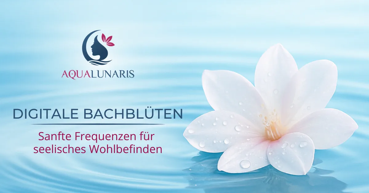 AquaLunaris Logo mit Blüte auf blauem Wasser-Hintergrund, Titel Digitale Bachblüten und Slogan Sanfte Frequenzen für seelisch