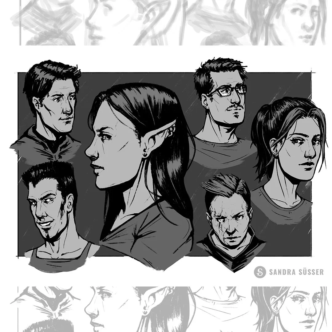 Digitale Porträts zeichnen Masterclass von Sandra Süsser 11 Schwarz-weiße Illustration verschiedener Porträts von Männern und Frauen mit unterschiedlichen Gesichtsausdrücken