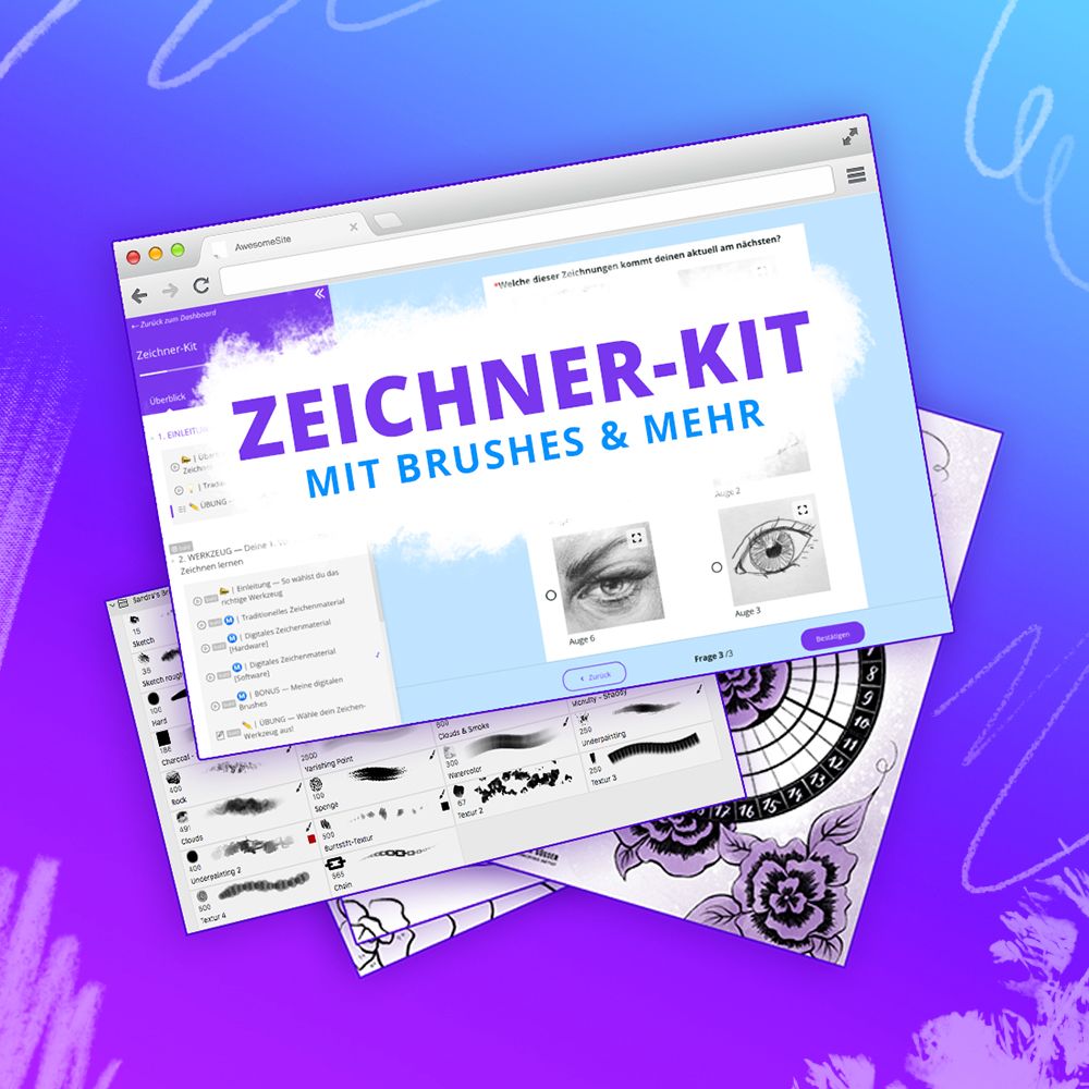 Digitale Porträts zeichnen Masterclass von Sandra Süsser 15 Mockup eines Zeichner-Kits mit Browser-Fenster, umgeben von Zeichenbeispielen und floralen Mustern auf violettem Hintergrund