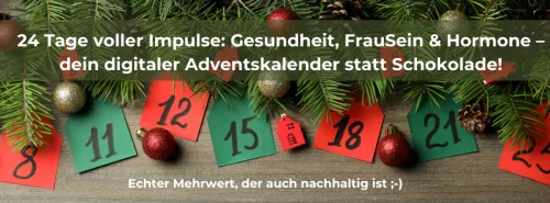 Adventskalender-Banner mit grünen und roten Nummernkärtchen, Tannenzweigen und Weihnachtsdeko