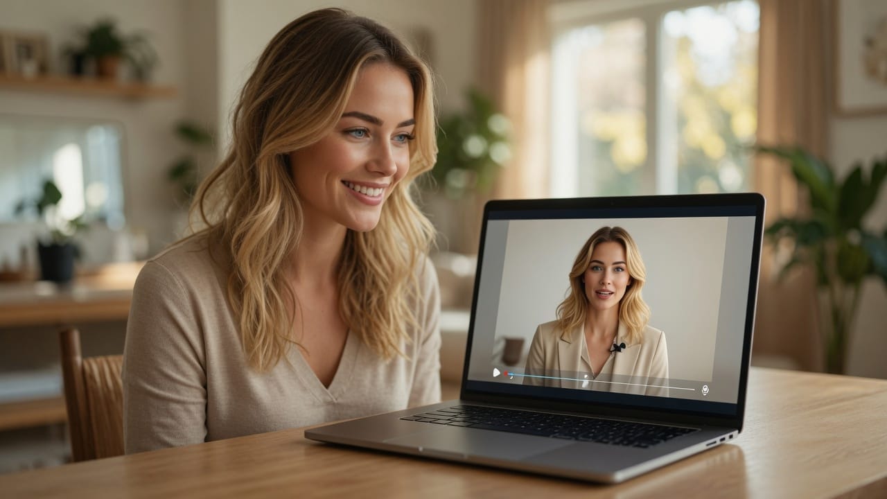 Frau sitzt am Holztisch und schaut auf Laptop-Bildschirm mit digitaler Persönlichkeit, modernes Wohnzimmer mit Pflanzen im Hi