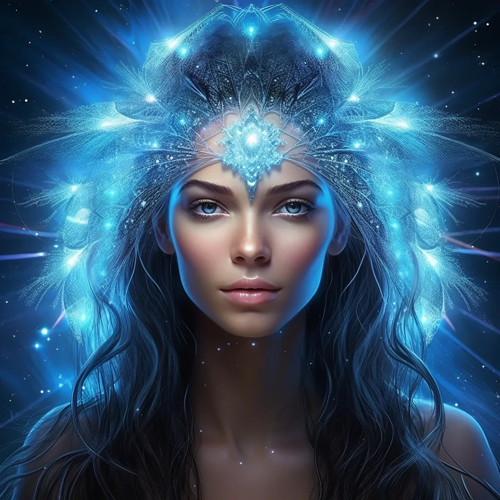 Frauengesicht mit leuchtenden blauen Augen und geometrischem Kristall-Stirnchakra