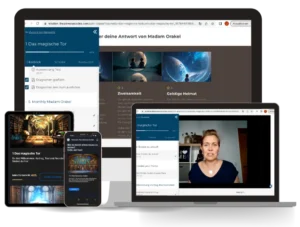 Mockup des Videokurses auf Laptop, Tablet und Smartphone mit Madam Orakel-Interface