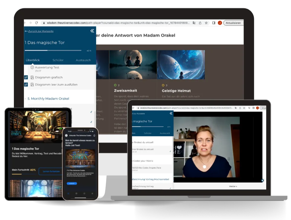 Mockup des Videokurses auf Laptop, Tablet und Smartphone mit Madam Orakel-Interface