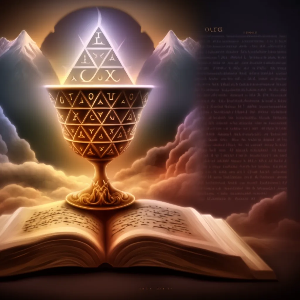 Leuchtender goldener Kelch mit Symbolpyramide und Runen über aufgeschlagenem Buch