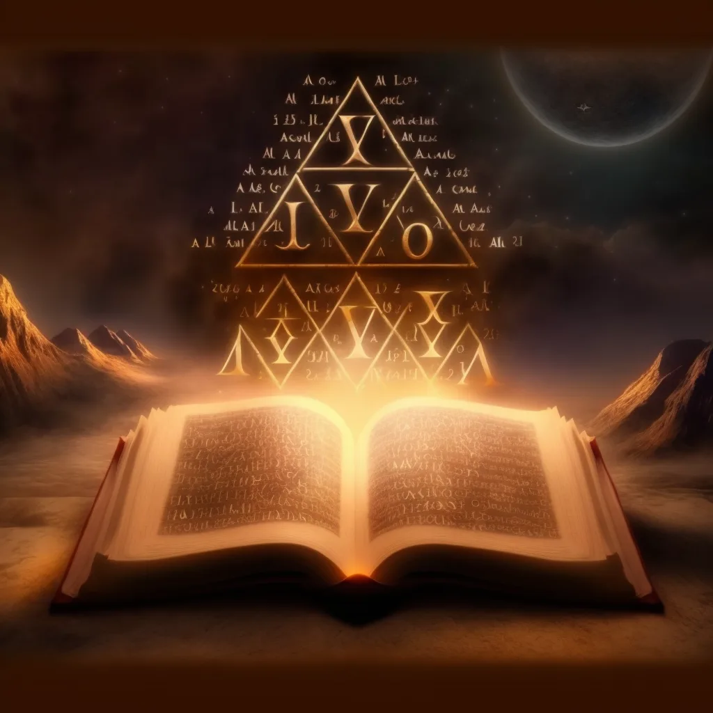 Glühendes Buch mit goldener Pyramide aus Symbolen und Zeichen vor mystischer Berglandschaft