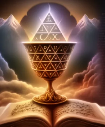 Goldenes Kelchgefäß mit leuchtender Pyramide aus Symbolen über aufgeschlagenem Buch vor Berg-Silhouette