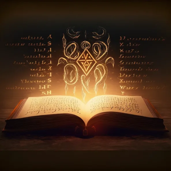 Aufgeschlagenes Buch mit goldener okkulter Symbolik und Schriftzügen auf dunklem Hintergrund