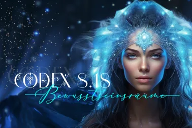 Codex Dimensionsräume Hero-Banner mit leuchtender blauer Frau und magischem Kristall