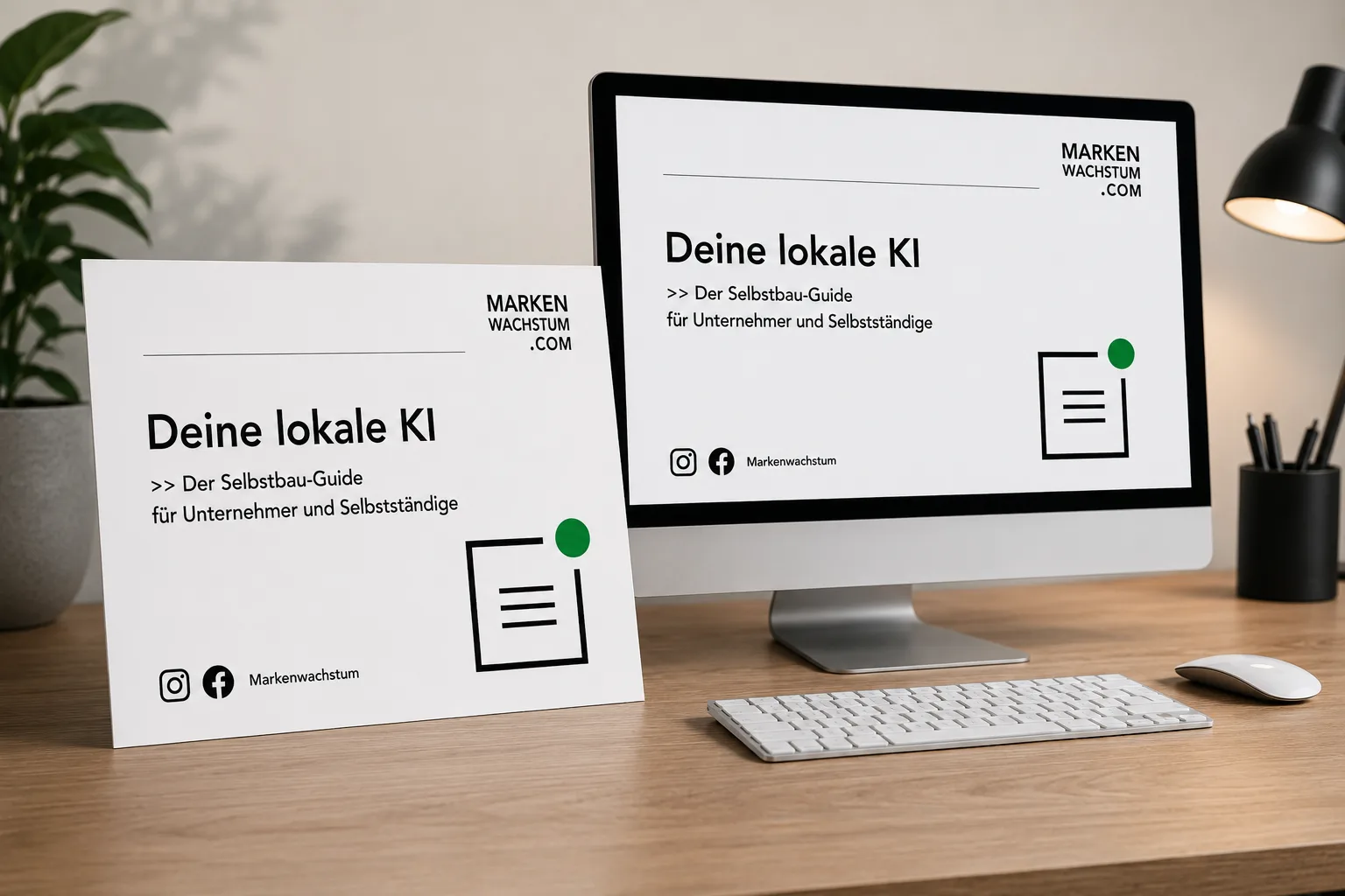 Tablet und Monitor zeigen KI-Guide Cover mit Text "Deine lokale KI – Der Selbstbau-Guide für Unternehmer und Selbstständige"