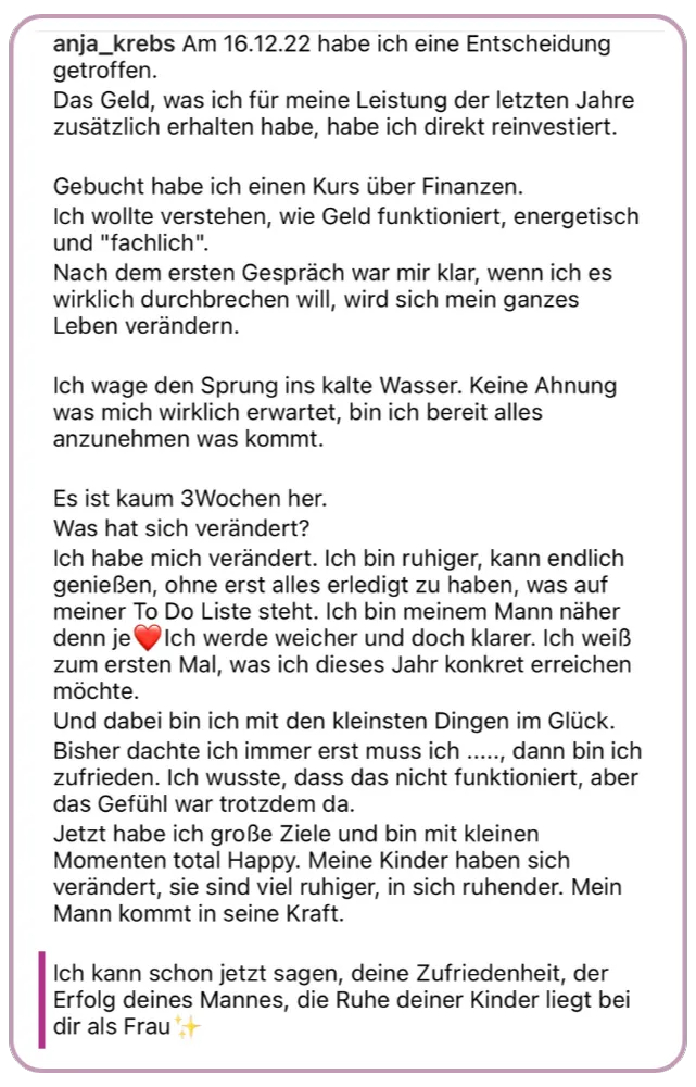 Testimonial von anja_krebs über persönliche Veränderung durch Diva Club: innere Ruhe, Entspannung, Nähe zum Partner