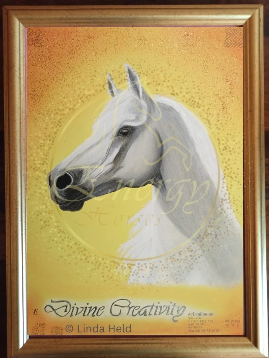 Divine Creativity Energy Horse – Energiebild-PDF für Kreativität 4 Divine Creativity Energy Horse Original Kunstdruck in goldenem Rahmen, weißes Pferd auf gelbem Hintergrund