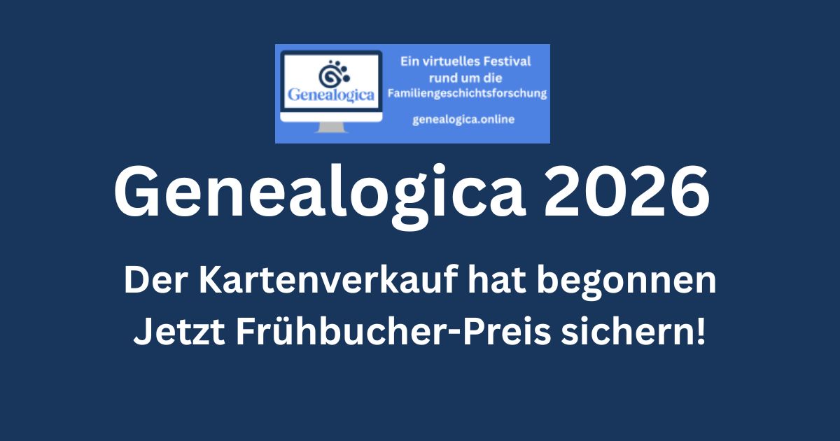 Banner Genealogica 2026 virtuelles Genealogie-Festival mit Logo und Ankündigung zum Kartenverkauf