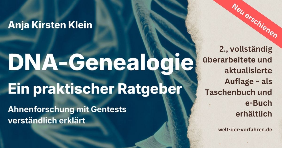 Werbebanner DNA-Genealogie Buch mit DNA-Helix, Text zur Neuauflage als Taschenbuch und E-Book