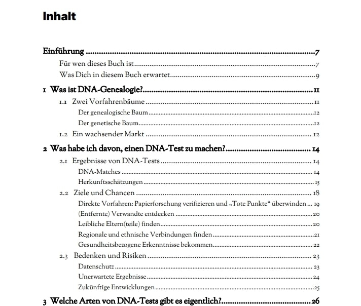 Inhaltsverzeichnis des Buches DNA-Genealogie mit Kapiteln und Seitenzahlen