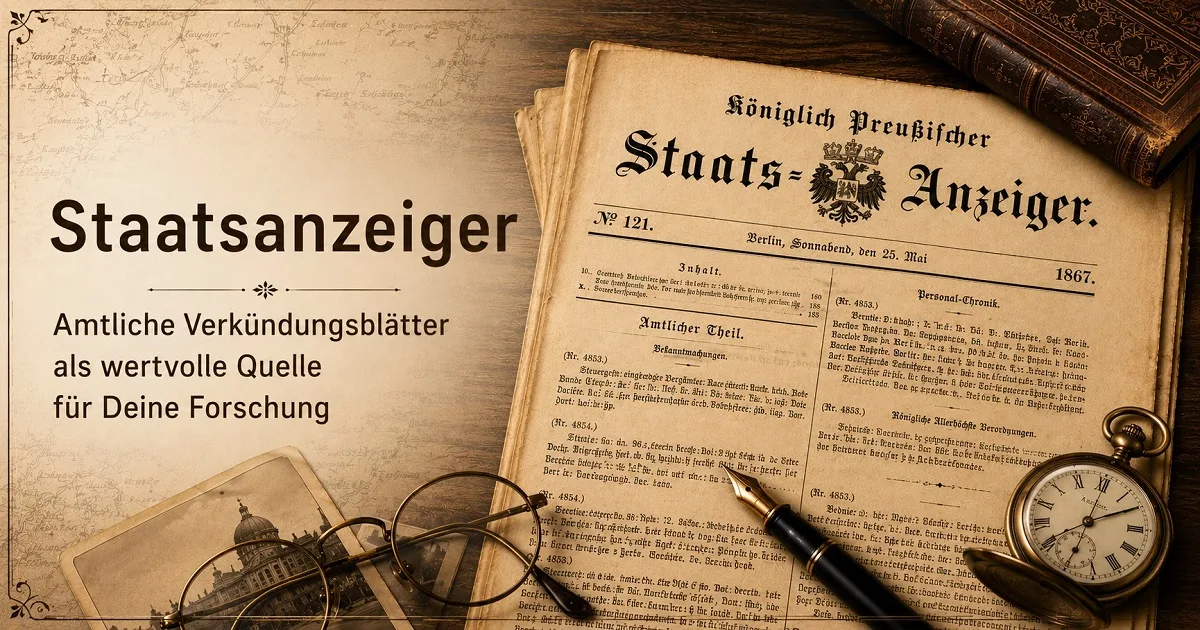 Historischer Staatsanzeiger von 1867 mit aufgeschlagenen Seiten, Lupe, Brille und Taschenuhr auf antiker Schreibtische