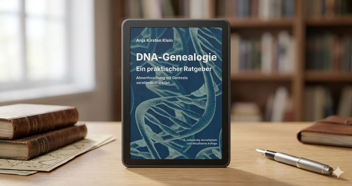 Tablet zeigt DNA-Genealogie E-Book Cover, umgeben von antiken Büchern, Notizblatt und Stift auf Schreibtisch