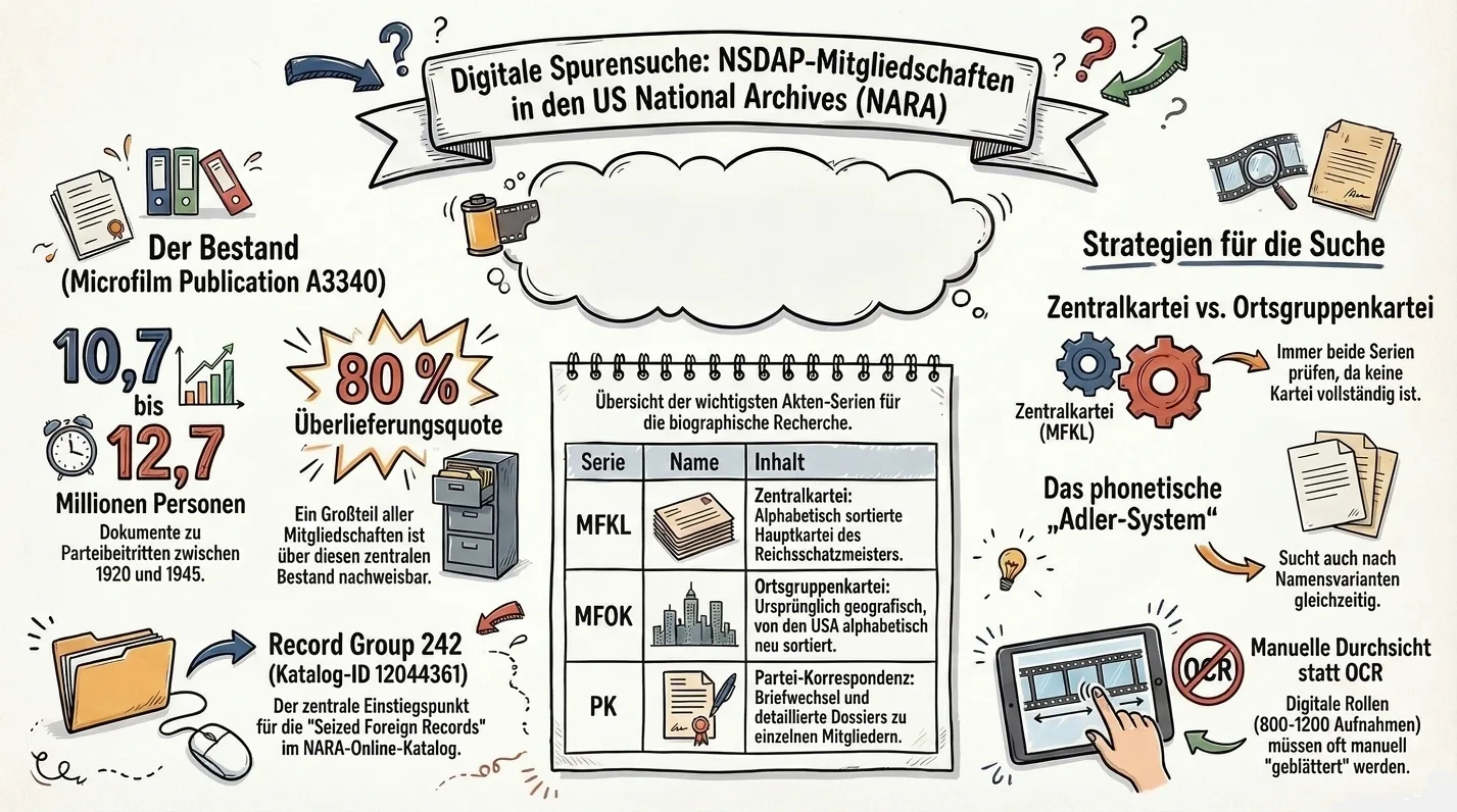 Infografik zu digitaler Spurensuche NSDAP-Mitgliedschaften in US National Archives mit Statistiken und Suchstrategien