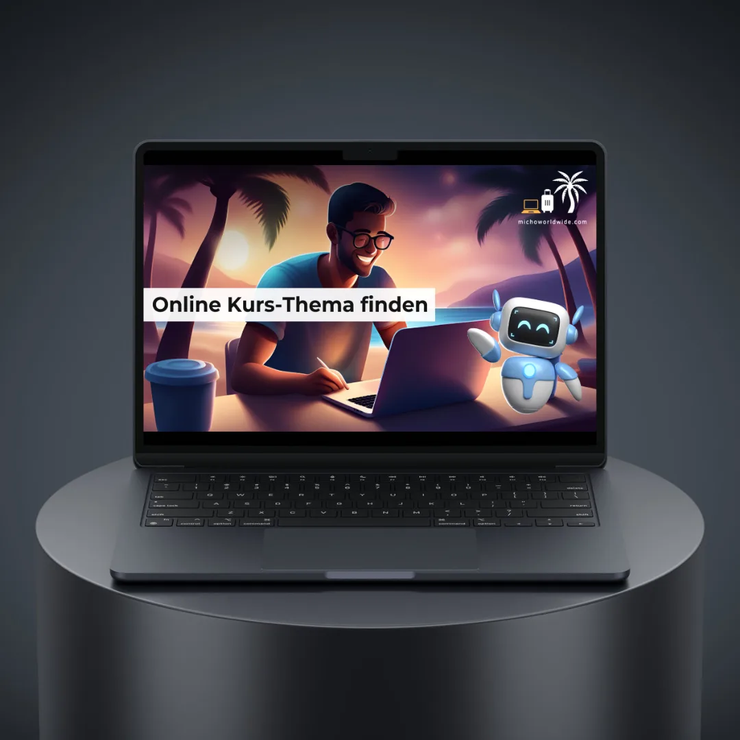 Done-4-You-Prompts – Prompt-Paket für Online-Kurse von Michael Rolle 5 Laptop-Mockup mit Bildschirmdarstellung 'Online Kurs-Thema finden' mit KI-Roboter und männlicher Person
