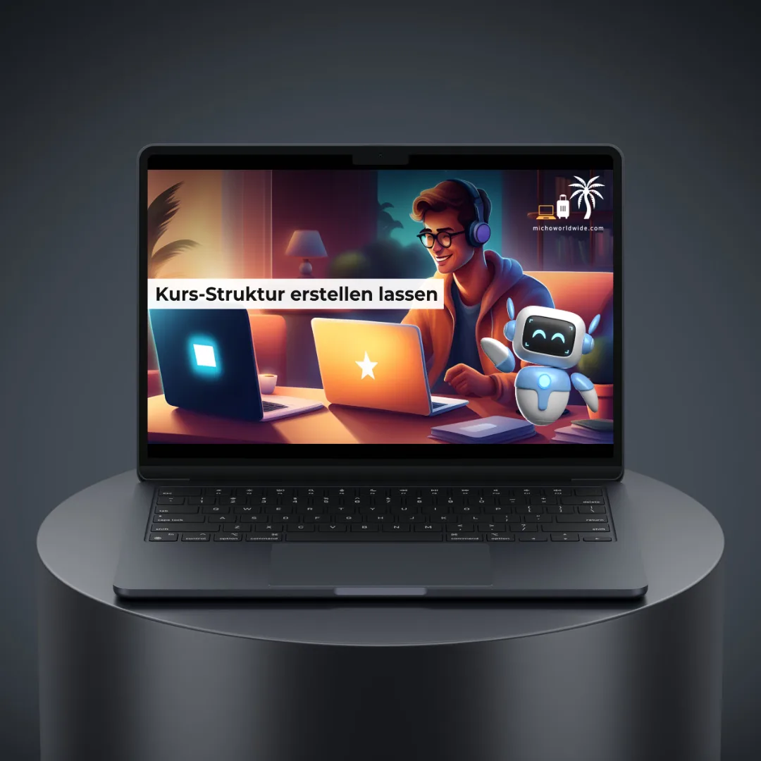 Done-4-You-Prompts – Prompt-Paket für Online-Kurse von Michael Rolle 6 Laptop-Mockup mit Bildschirmdarstellung 'Kurs-Struktur erstellen lassen' mit Student und KI-Roboter