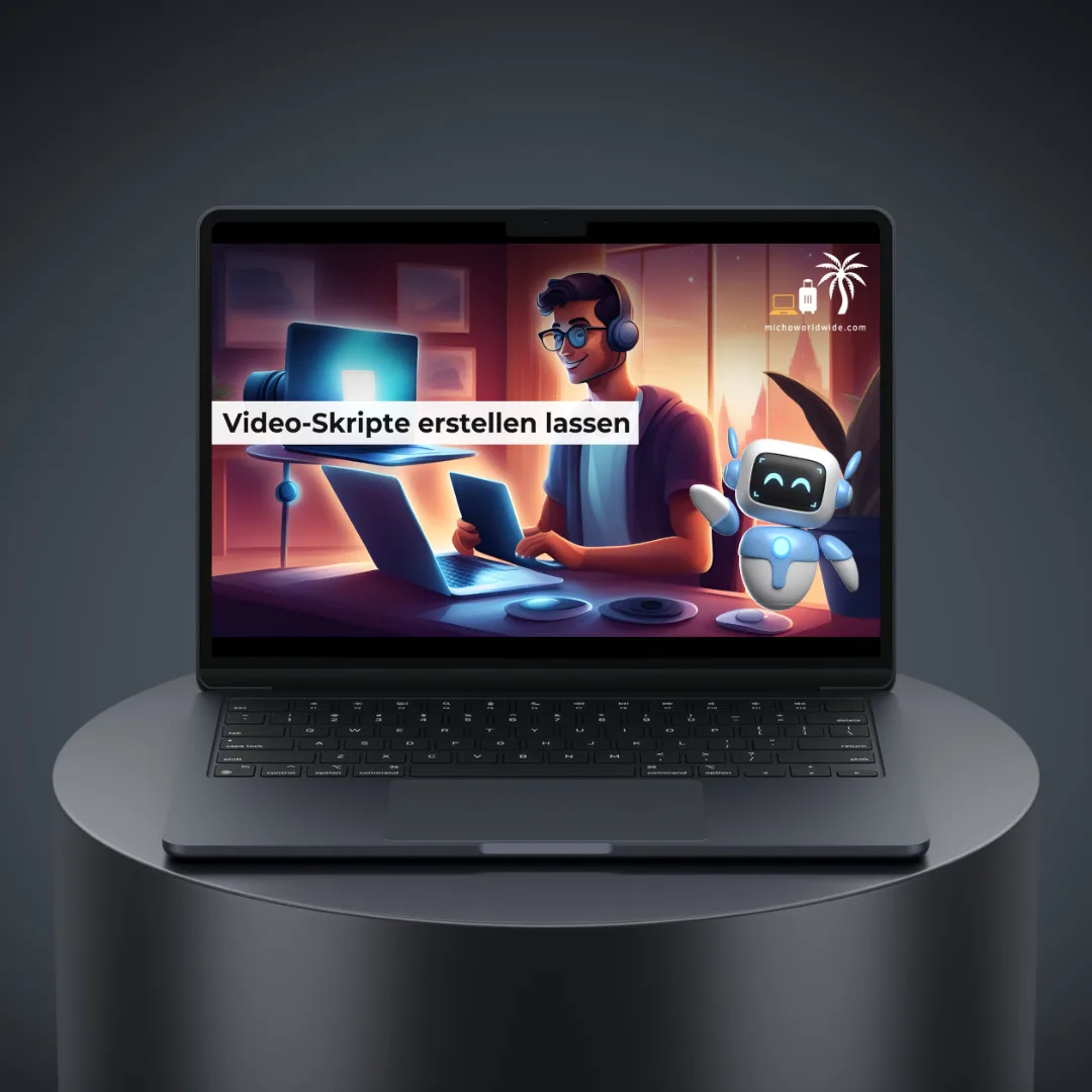 Done-4-You-Prompts – Prompt-Paket für Online-Kurse von Michael Rolle 1 Laptop-Mockup mit Bildschirmdarstellung 'Video-Skripte erstellen lassen' mit Person am Schreibtisch