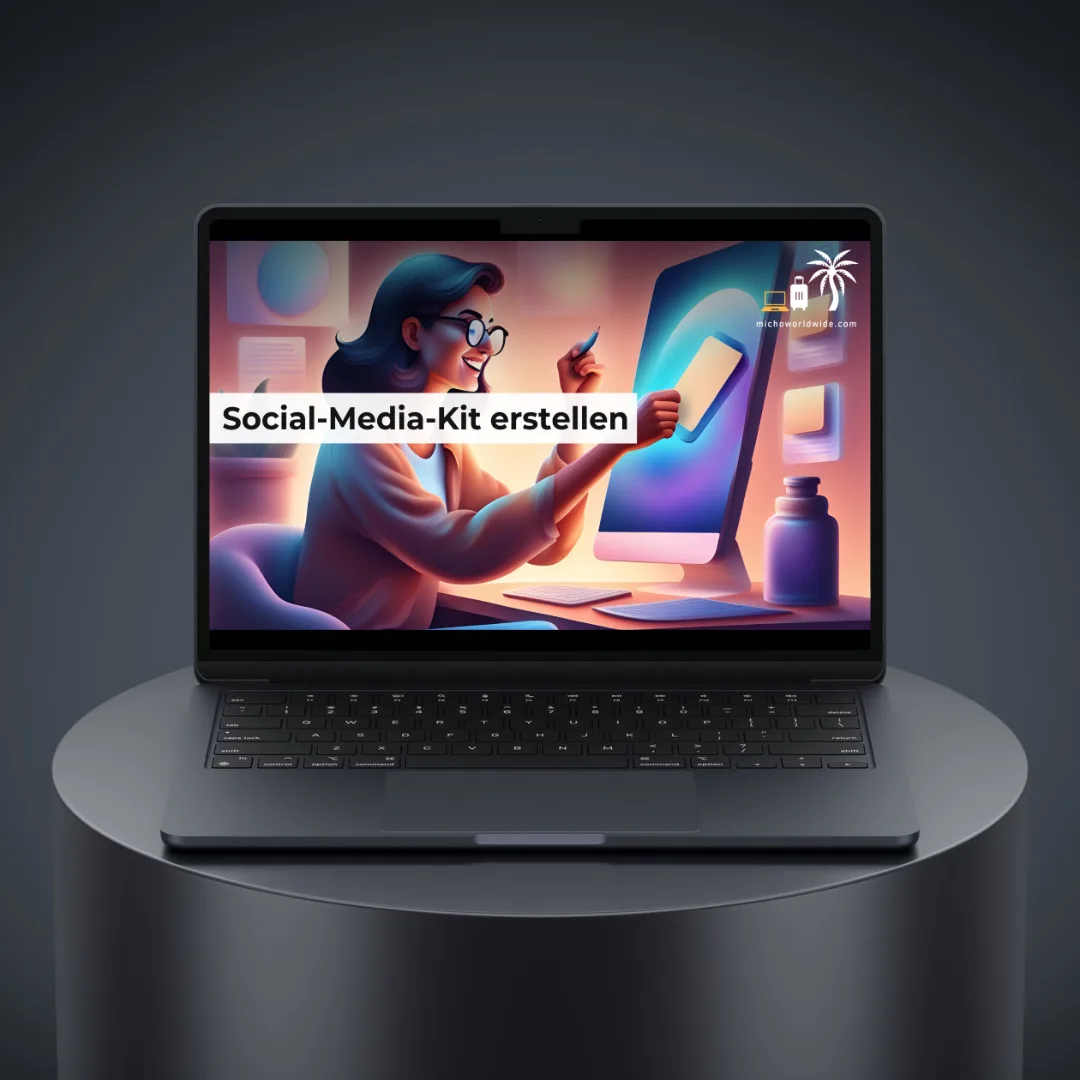 Done-4-You-Prompts – Prompt-Paket für Online-Kurse von Michael Rolle 8 Laptop-Mockup mit Bildschirmdarstellung 'Social-Media-Kit erstellen' mit Frau und Smartphone