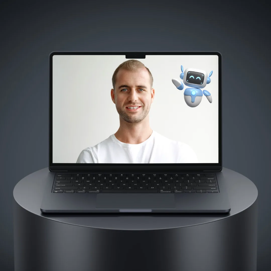 Done-4-You-Prompts – Prompt-Paket für Online-Kurse von Michael Rolle 15 Laptop-Mockup mit Portrait eines lächelnden Mannes in weißem T-Shirt mit KI-Roboter