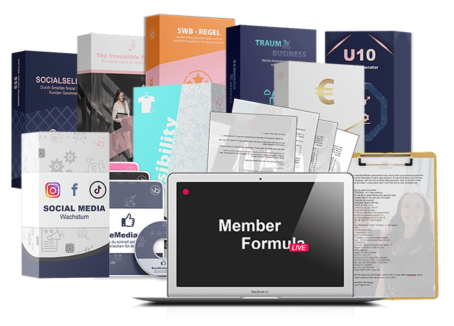 Member Formula Bundle Mockup mit Laptop und umgebenden Kursmaterialien, Büchern und Ressourcen