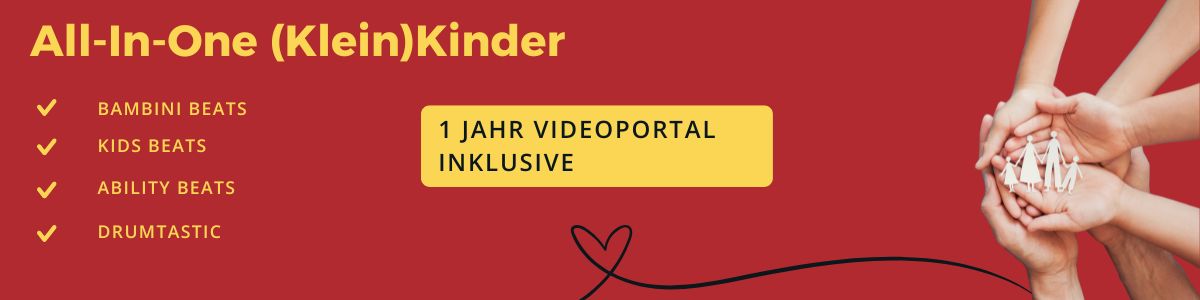 Rotes Banner mit Kinder-Paketübersicht, gelbe Checkmarks, Hände und Herz-Grafik
