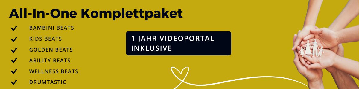 Drums Alive® Coaching Premiumpaket – Trommelfitness-Trainerkurs 5 Gelbes Banner mit Kursübersicht, Hände in Kreis, Checkmarks und Videoportal-Info