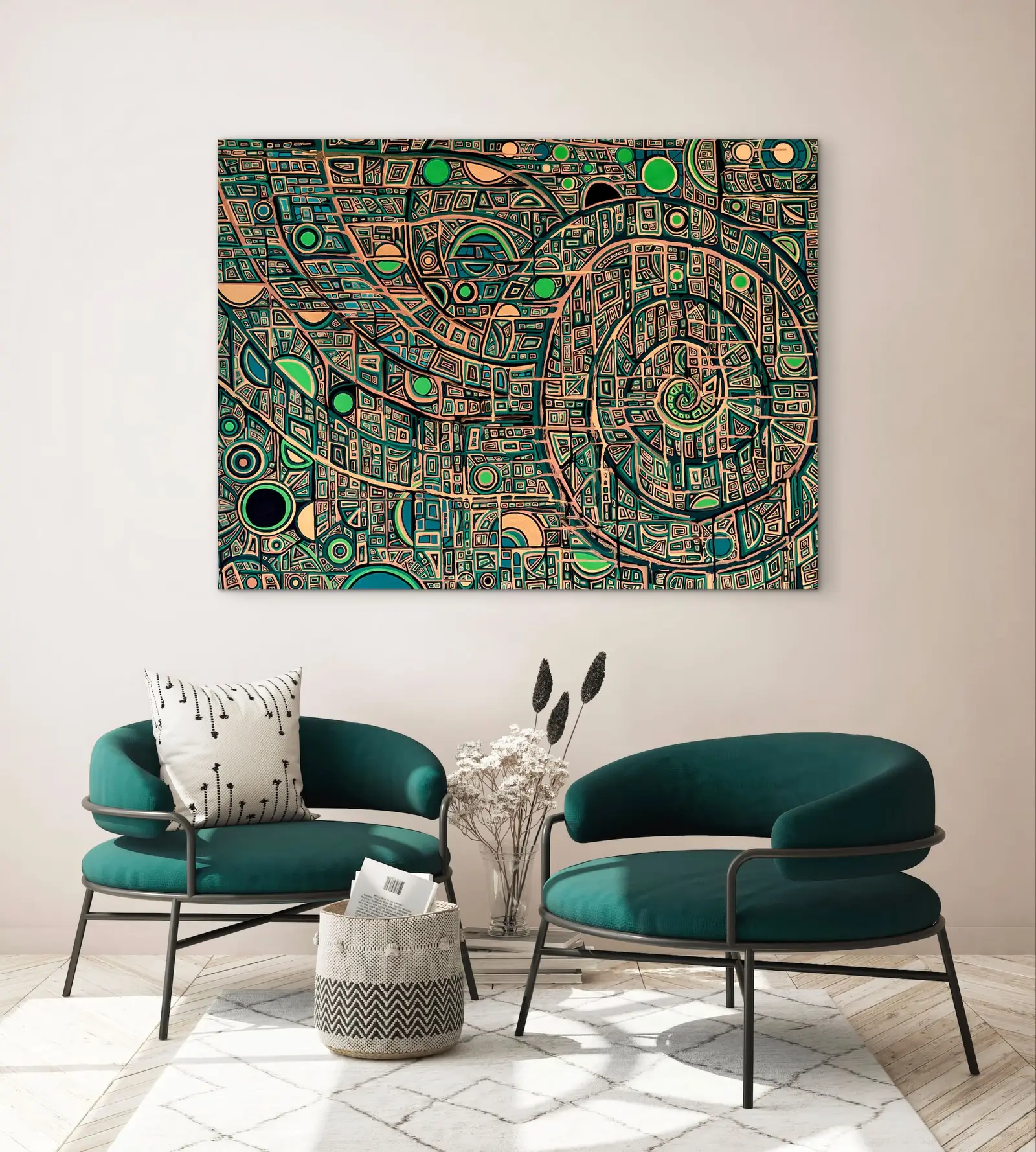 Modernes Wohnzimmer mit blauem Ecksofa und großem abstraktem Kunstwerk in Grün, Gold und Türkis