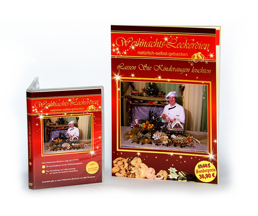 DVD-Box und Backbuch zum Weihnachtsbackkurs von Reiner Bernhardt mit Backzutaten