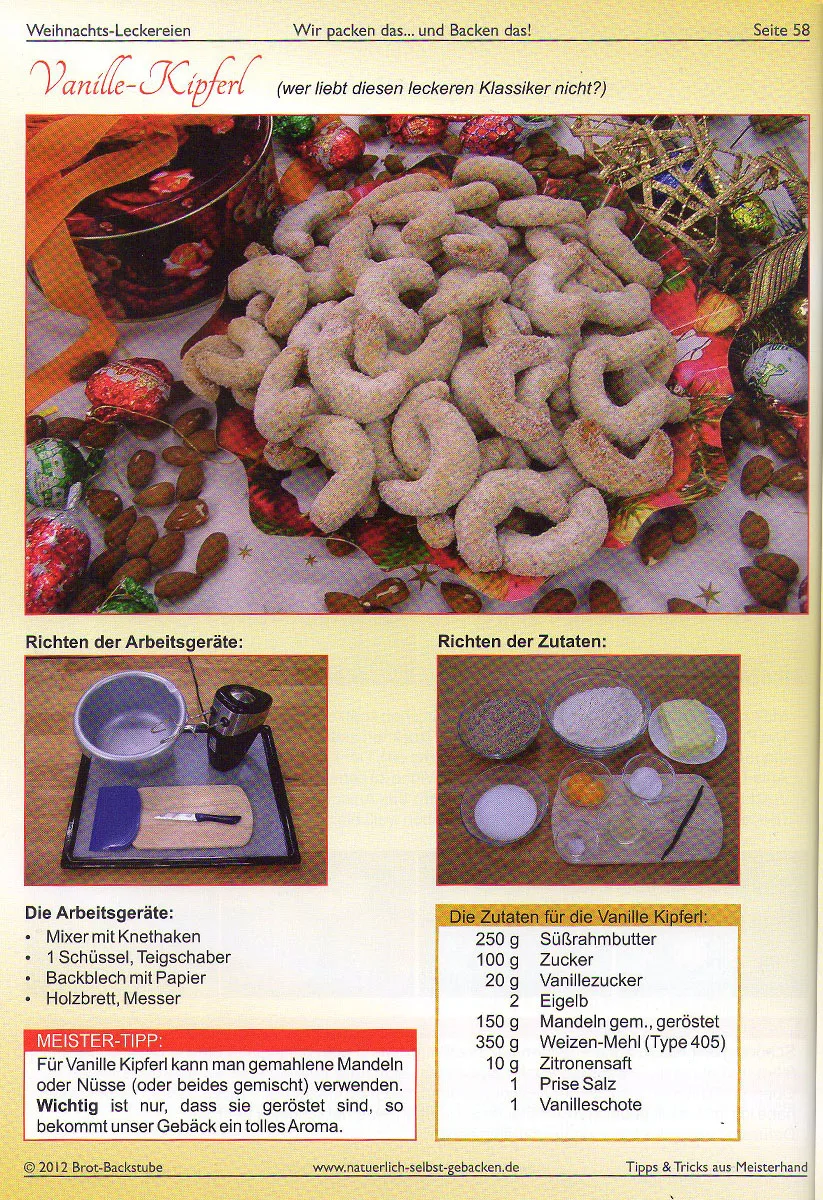 Rezeptseite mit Vanille-Kipferl Anleitung, Zutatenliste und Schritt-für-Schritt Arbeitsgeräte