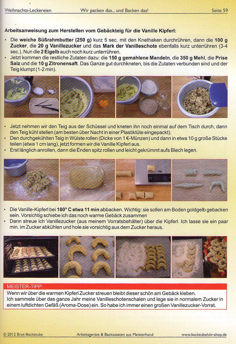 Anleitung mit bebilderten Schritten zur Teigzubereitung, Ruhen, Rollen und Backen von Vanille-Kipferl