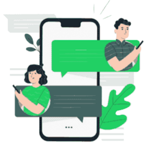 Zwei Personen kommunizieren über Smartphone mit grünen Chat-Blasen, umgeben von Blättern und abstrakten Elementen