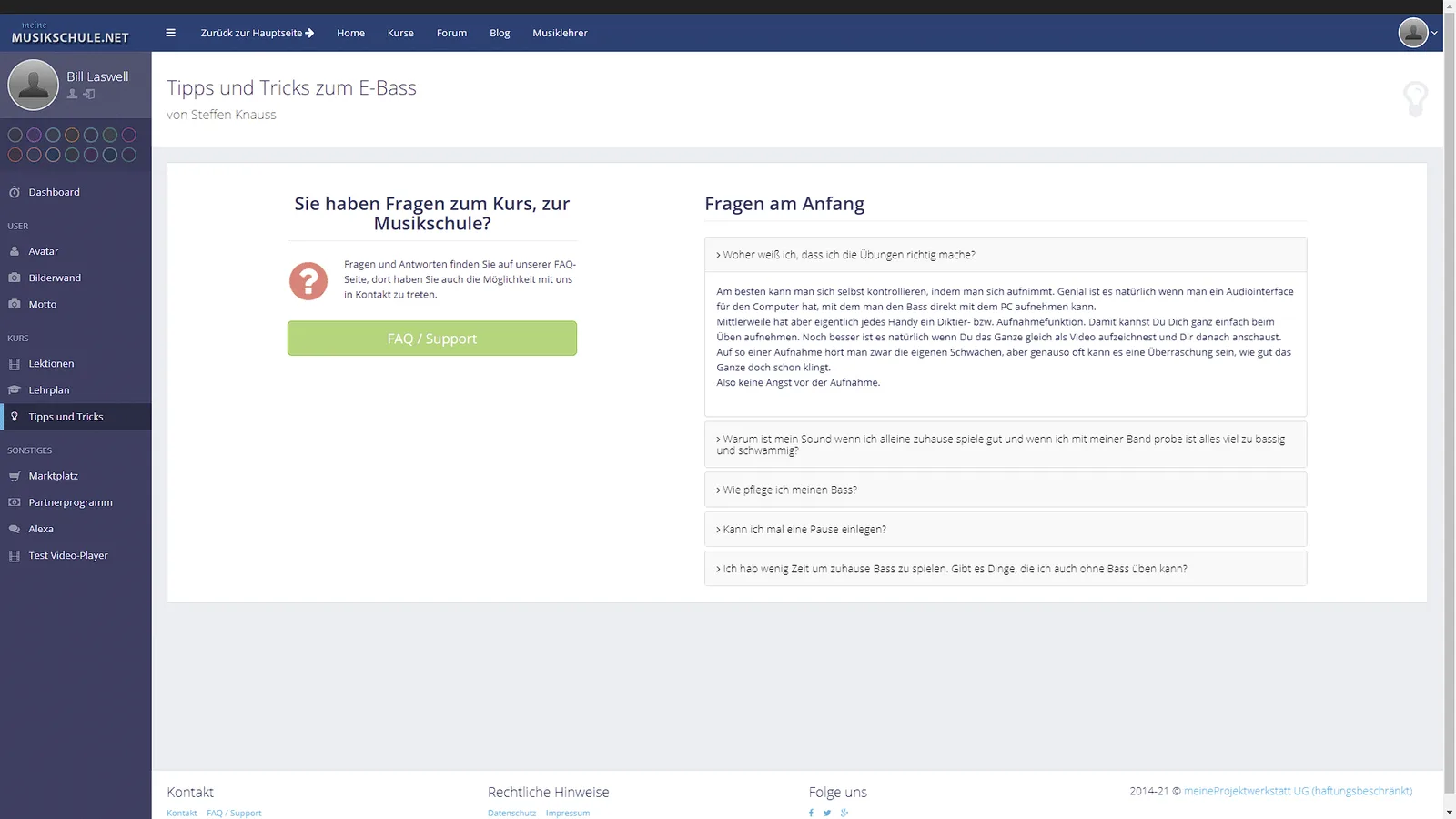 Screenshot FAQ und Tipps & Tricks zum E-Bass mit Steffen Knauss, Support-Bereich