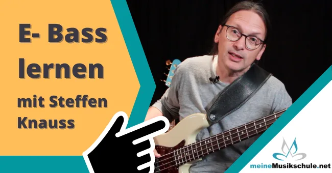 Hero-Banner E-Bass lernen mit Steffen Knauss, gelb-türkise Gestaltung mit Kursleiter und Bass