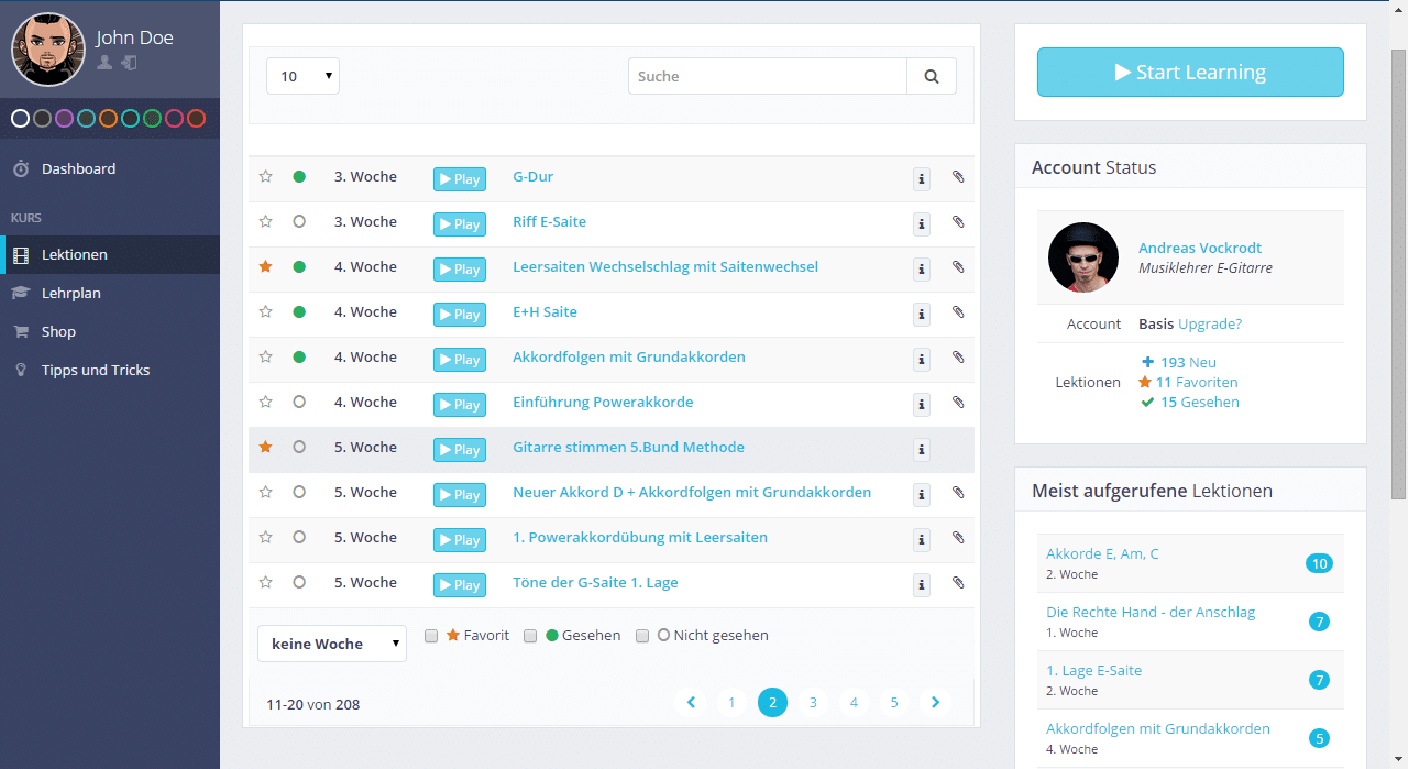 Screenshot Videokurs Lektionsübersicht mit Filteroptionen und Kursmodulen