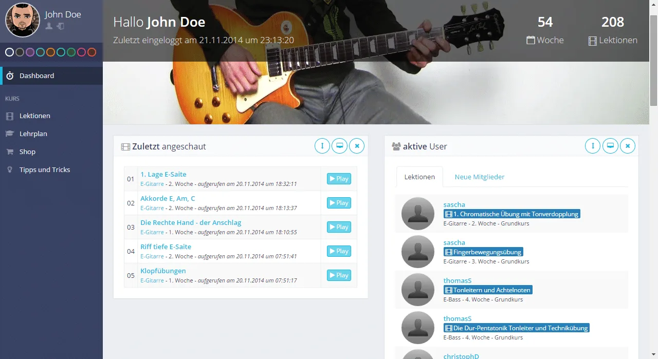 Screenshot Schulungsbereich Videokurs Dashboard mit Lektionsliste und aktiven Benutzern