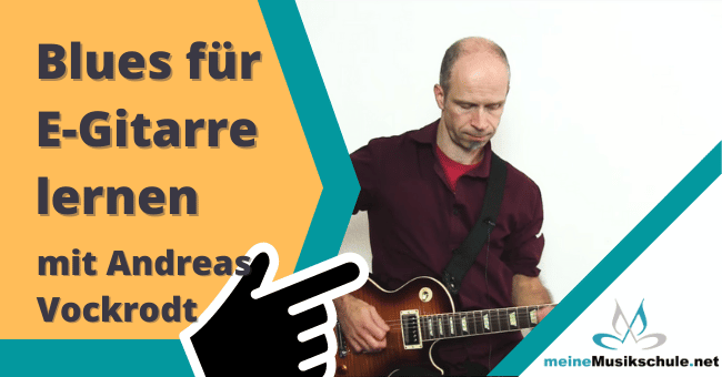 Hero-Banner: Andreas Vockrodt mit E-Gitarre, gelber Textbereich mit Kurs-Titel und Teal-Designelementen