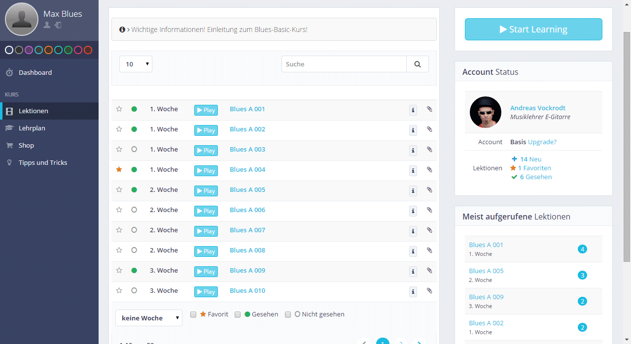 Screenshot: Kurs-Dashboard mit Lektionsliste (Blues A 001-010), Start Learning Button, Account Status
