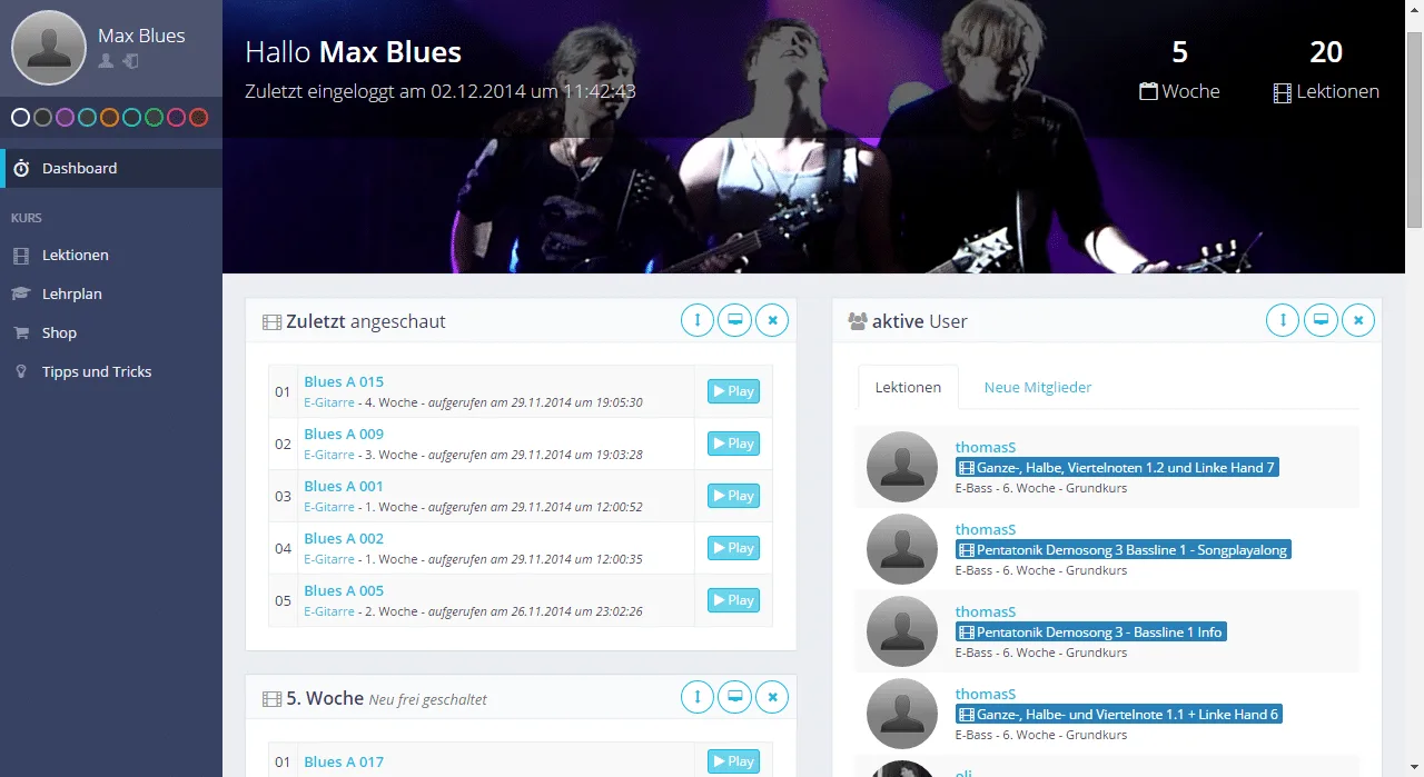 Screenshot: Kurs-Dashboard mit Blues-Band Header, Lektionsliste, zuletzt angeschaut und aktive Benutzer