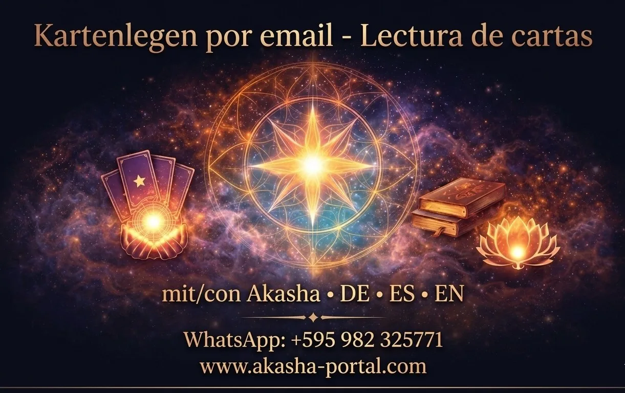 E-Mail-Beratung – Spirituelle Kartenlegung per Mail 7 Akasha-Portal Kartenlegen por email – Mystische Tarotkarten mit leuchtender Kristallkugel und Lotus