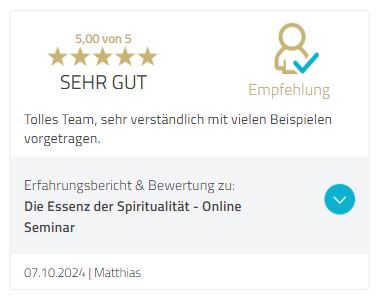 Kundenbewertung 5 von 5 Sternen für E5ENZ Level 1: Loslassen Online Seminar von Matthias