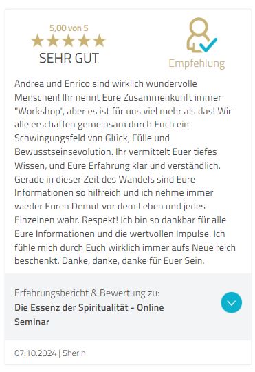 Kundenbewertung 5 von 5 Sternen für E5ENZ Level 1: Loslassen Online Seminar von Sherin