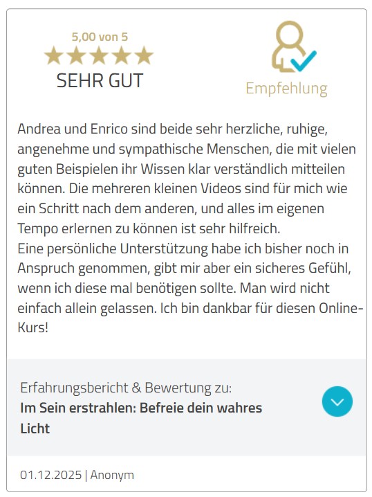 Fünf-Sterne-Kundenbewertung für E5ENZ Level 1: Loslassen von Andrea und Enrico, datiert 01.12.2025
