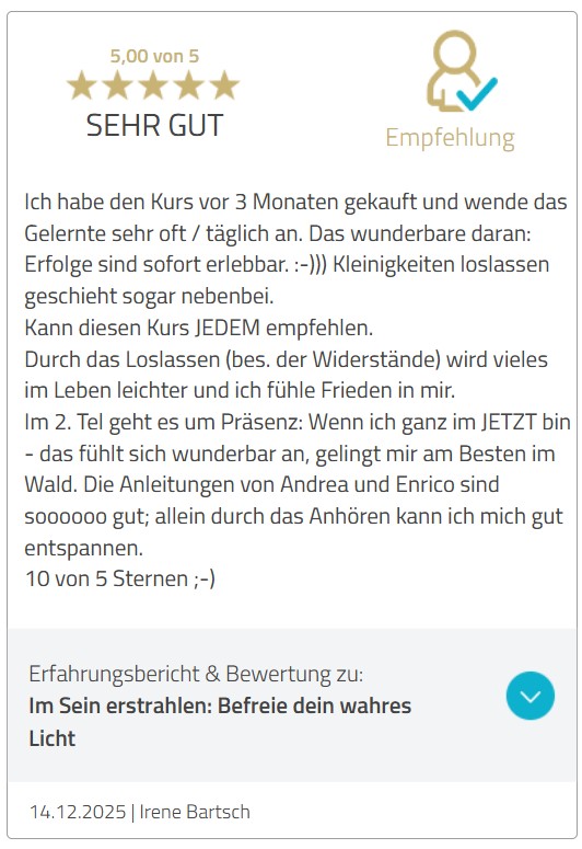 Fünf-Sterne-Kundenbewertung für E5ENZ Level 1: Loslassen von Irene Bartsch, datiert 14.12.2025