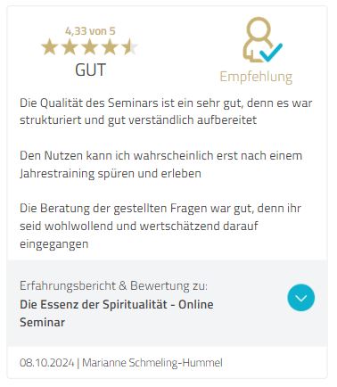 Kundenbewertung 4,33 von 5 Sternen für E5ENZ Level 1: Loslassen Online Seminar von Marianne Schmeling-Hummel